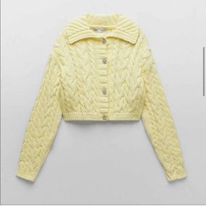 Zara Yellow Cable-knit Cardigan Sweater Jewel Rhinestone Buttons